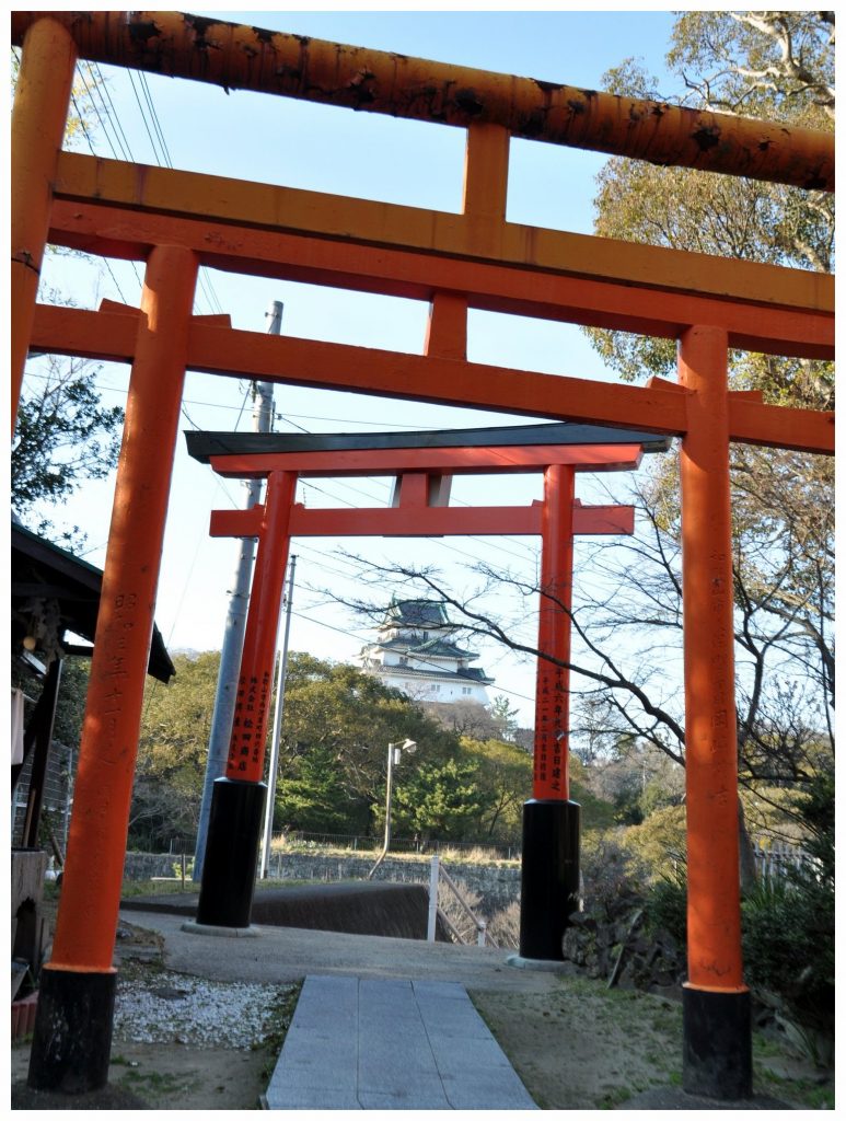 Le château de Wakayama à travers une rangée de torii